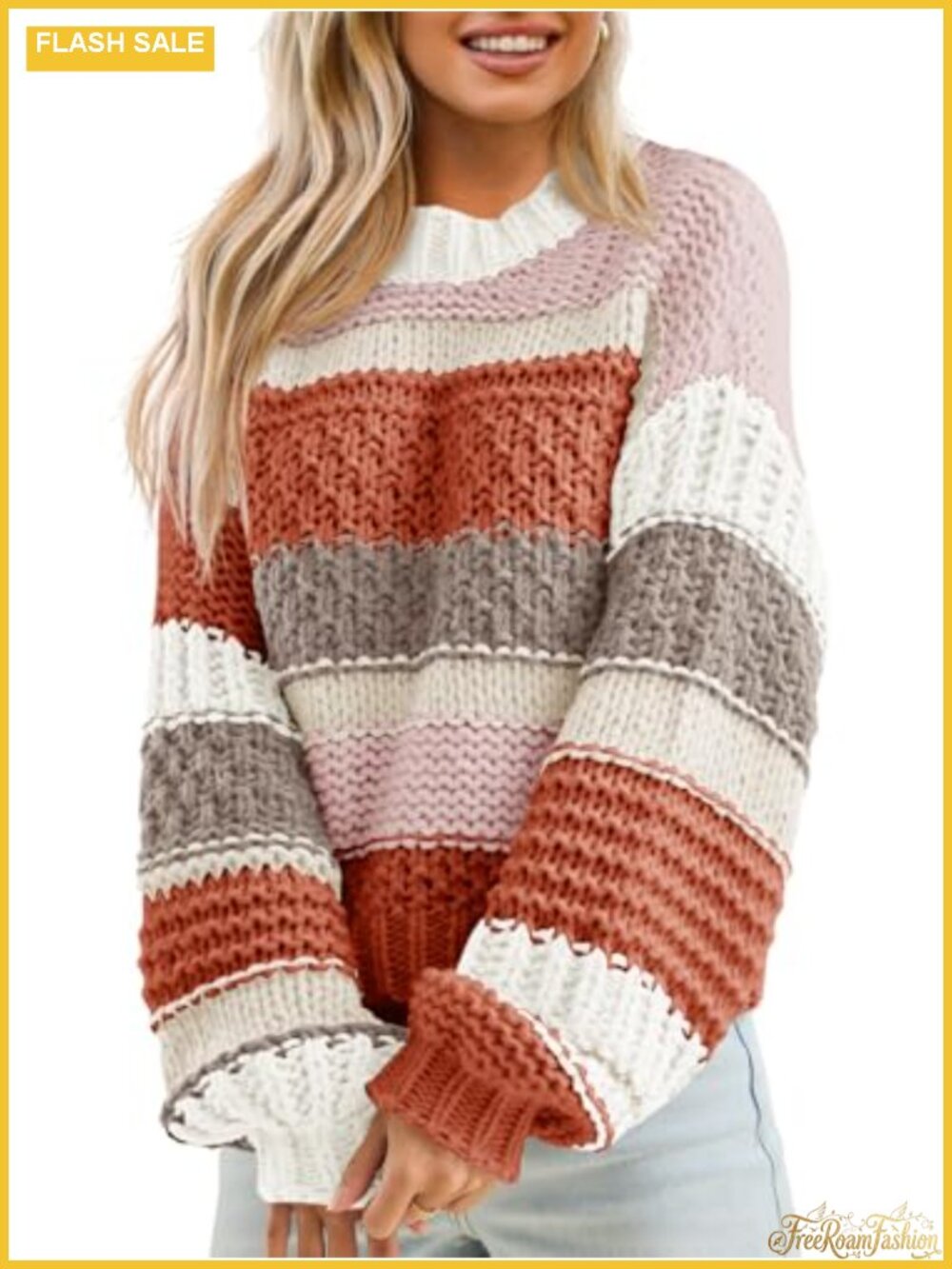 Womens Color Block Chunky Knit Cropped Sweater Striped Pullover